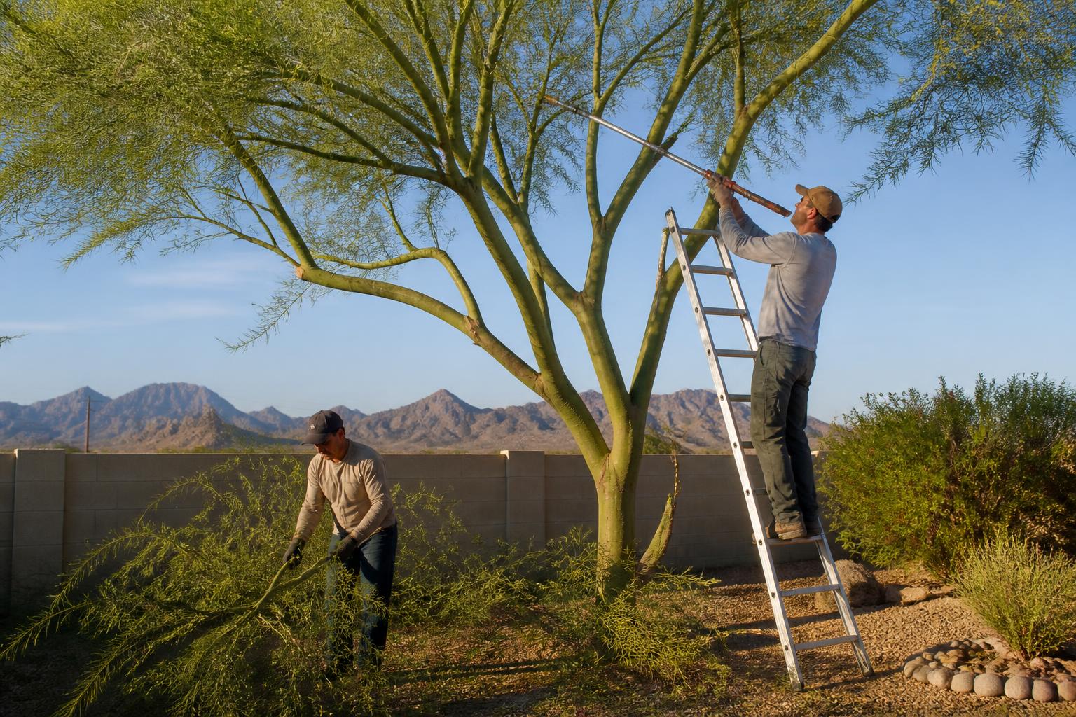 Tree crew pruning a palo verde in a desert backyard, with mountains in the distance